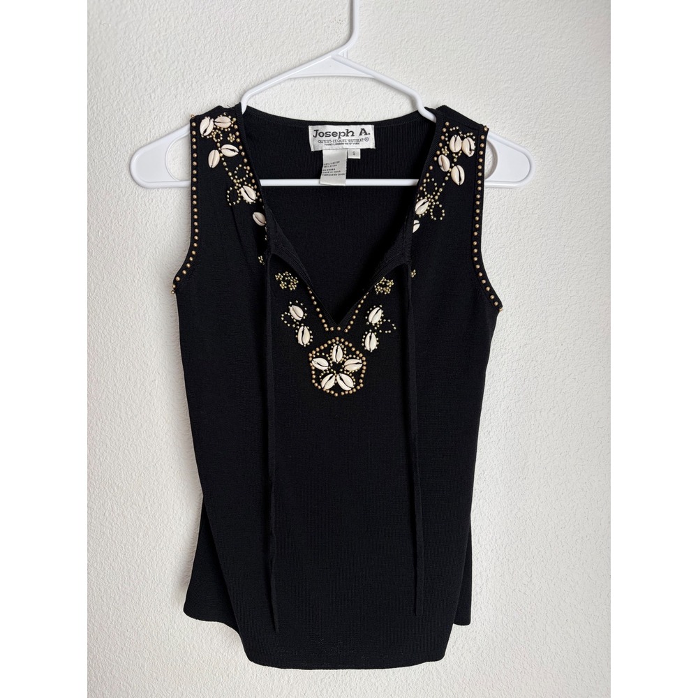 Joseph A Womens Black Shell Embellished Knit Tank Top V-Neck Sleeveless Small
